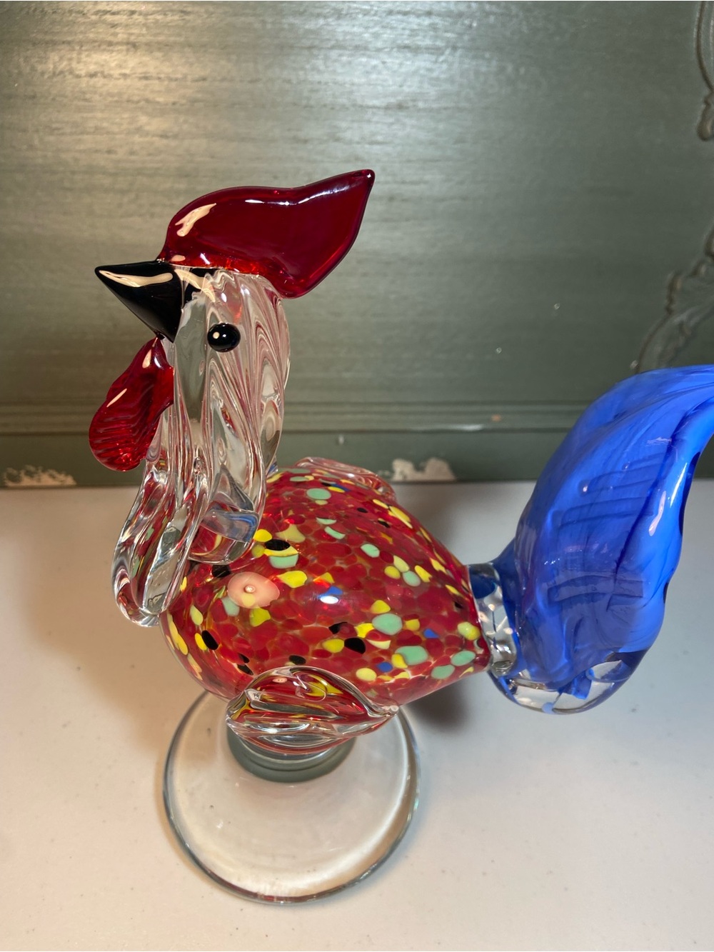 Handblown Glass Rooster Figurine in Red and Blue Accent - Picture 6 of 16